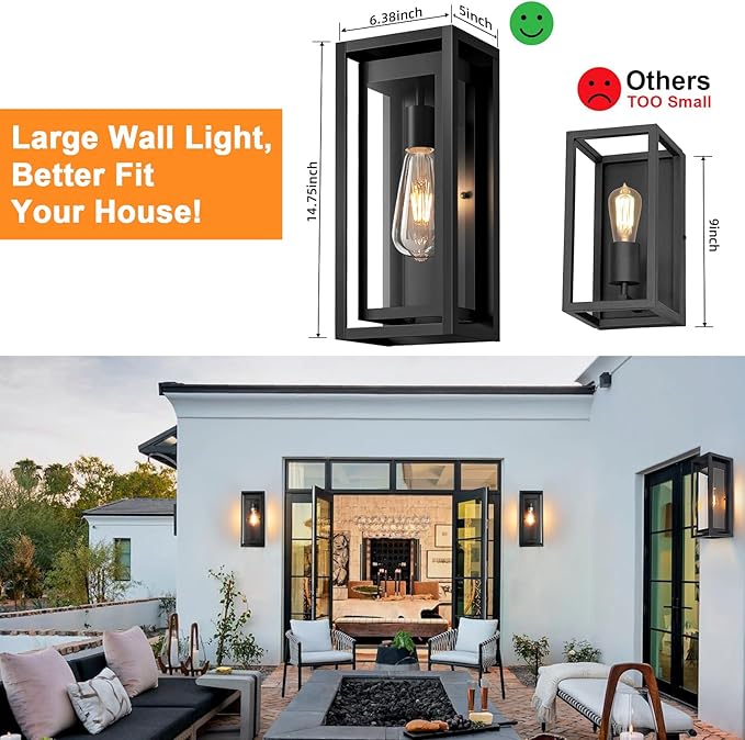 15" Large Outdoor Light Fixture Wall Mount, Matte Black Outdoor Sconce Lights, Modern Waterproof Exterior Porch Lights with Clear Glass Shade for Front Door, Garage, 1 Pack