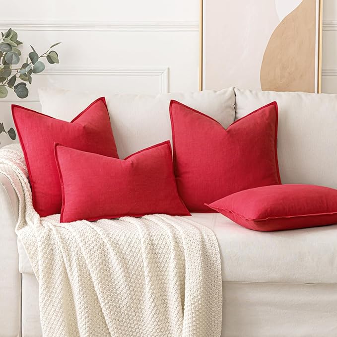 MIULEE Decorative Linen Euro Sham Pillow Covers 24x24 Red Boho Farmhouse Neutral Couch Throw Pillows for Bed Pack of 2 Accent Modern Pillowcase Sofa Livingroom Home Decor