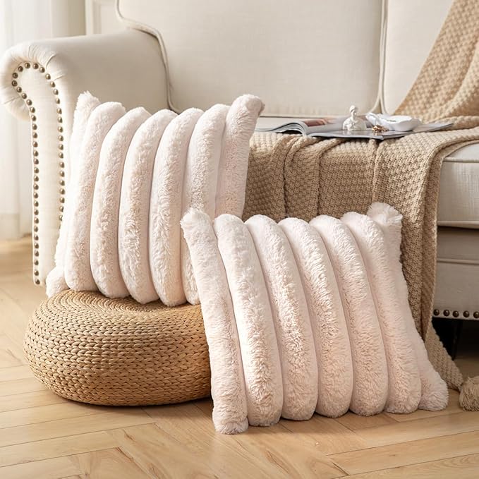 Faux Fur Plush Throw Pillow Covers 24x24 Inch Set of 2 - Luxury Decorative Fuzzy Striped Soft Cozy Pillowcase for Couch, Sofa, Living Room - Beige
