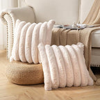 Faux Fur Plush Throw Pillow Covers 24x24 Inch Set of 2 - Luxury Decorative Fuzzy Striped Soft Cozy Pillowcase for Couch, Sofa, Living Room - Beige
