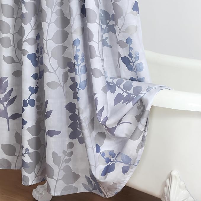 Fabric Shower Curtain, Gray and Blue Botanical Branch Leaf Print, Waterproof Bathroom Curtain, 72" W x 72" H
