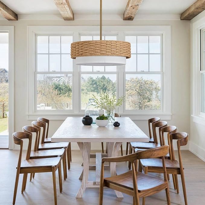 Large Coastal Boho Pendant Lights, 18.9in Woven Rattan Lighting Fixture, 2-Tier Rope Chandelier with Fabric Shade for Kitchen Island, Living Room, Dining Room, Bedroom, Restaurant