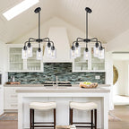 5-Light Modern Black Chandelier with Clear Glass Shades, E26 Base Farmhouse Pendant Light Fixture, Adjustable Swivel Heads Ceiling Lighting, Industrial Chandelier for Dining Room Kitchen Hallway