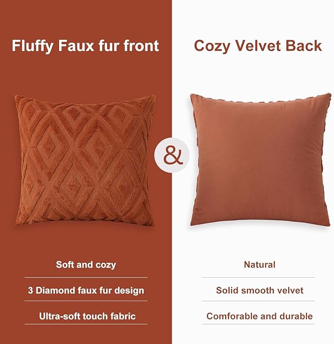 Pallene Rust Throw Pillow Covers 12x20 Set of 2, Soft Plush Faux Fur Decorative Lumbar Couch Pillow Covers for Sofa Bed Living Room Pillow Cases with 3D Diamond Pattern