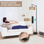 Arc Floor Lamp for Living Room with 3 Color Temperatures, Farmhouse Floor Lamps with Remote & Dimmable Bulb, Boho Standing Lamp with Rattan & Fabric Shades, Adjustable Tall Lamp for Bedroom, Office