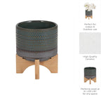 Sagebrook Home Ceramic Planter with Bamboo Wood Stand - Decorative Stoneware Pot for Indoor & Outdoor Plants - Modern Home & Garden Decor - 8" Green
