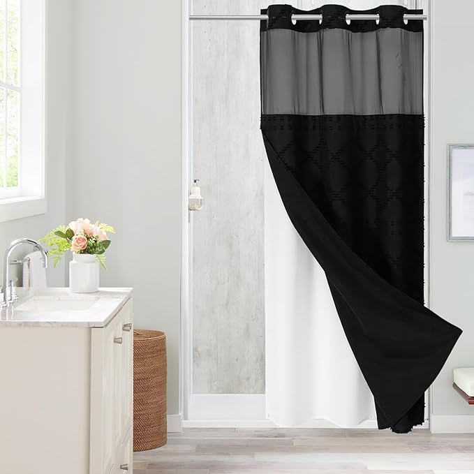 Boho Black Woven Fabric Shower Curtain 36 x 74 Modern Farmhouse, No Hooks Tufted Chevron Striped Shabby Chic Textured, Minimalist Cloth Curtain for Bathroom, Hotel Decor