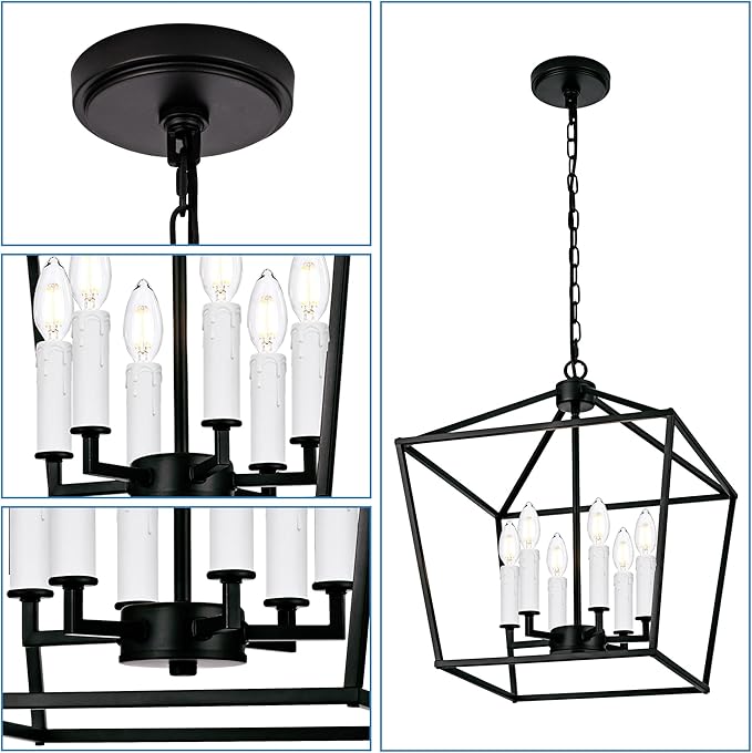 MELUCEE Rustic Open Cage Chandelier 6 Lights in Black Farmhouse Lantern Hanging Ceiling Light Large Pendant Light with White Candle-Shaped Socket for Hallway Dining Room Kitchen Island, E12 Base