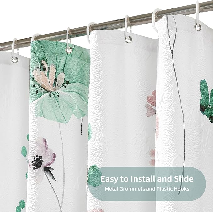QiyI Small Stall Shower Curtain 36 x 72, Narrow Half Watercolor Floral Bath Curtain, 3D Embossed Sage Green Flower Cloth Bathroom Curtains, Waterproof Fabric White Shower Curtain Set with Hooks
