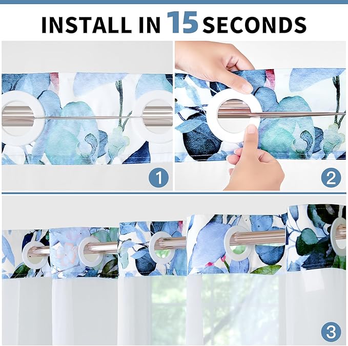 QiyI No Hook Shower Curtain with Snap in Fabric Liner, Blue Eucalyptus Shower Curtain with See Through Top Window, Waterproof Washable Cloth Ringless Shower Curtain Set for Bathroom, 72 x 81