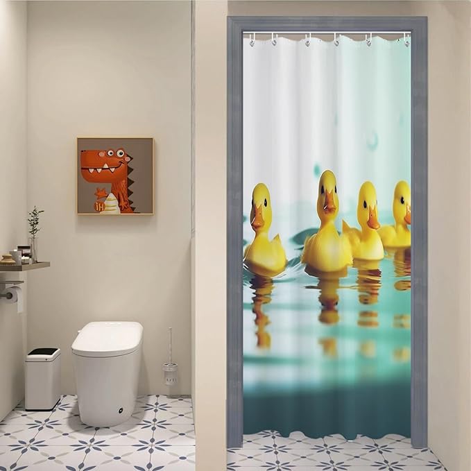 Funny Yellow Squeak Duck Cute Bird Bathroom Bathtubs Fabric Shower Curtain Kids Shower Curtain Set with 6 Hooks 36x72 inch Polyester Machine Washable, Yellow and Blue