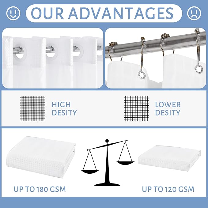 Furlinic Extra Long Waffle Weave No Hook Shower Curtain with Snap in Liner,Heavy Duty Textured Fabric Bathroom Curtains,Hotel Style with Mesh Top Window,Waterproof & Machine Washable,White,71x96.