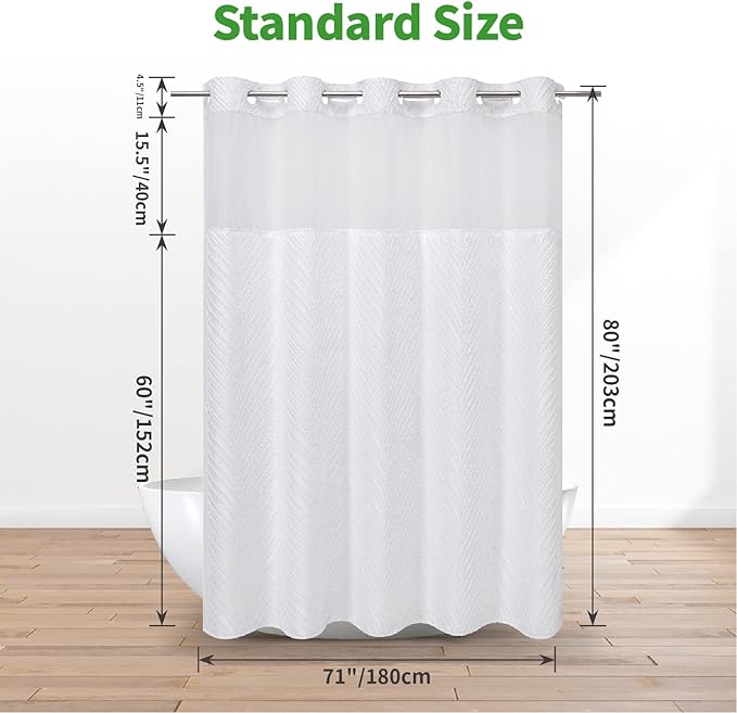 Long No Hook Shower Curtain and Liner Set,Boho Style with See Through Top Window,White Fabric Tufted Striped Textured Outer Curtain with Snap in Liner, White,71Wx80H