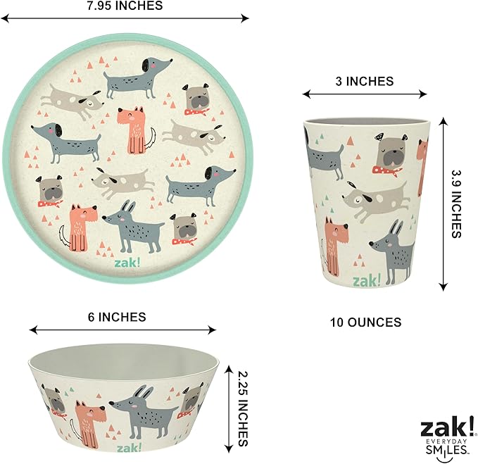 Zak Designs Kids Dinnerware Set 3 Pieces, Durable and Sustainable Melamine Bamboo Plate, Bowl, and Tumbler are Perfect For Dinner Time With Family (Dog)