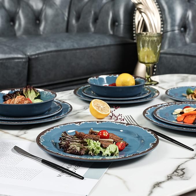 Melamine Dinnerware Set - Yinshine 12-Piece Dishes Set,Shatterproof Plates and Bowls Sets, Lightweight,Unbreakable,Dishwasher Safe,Blue