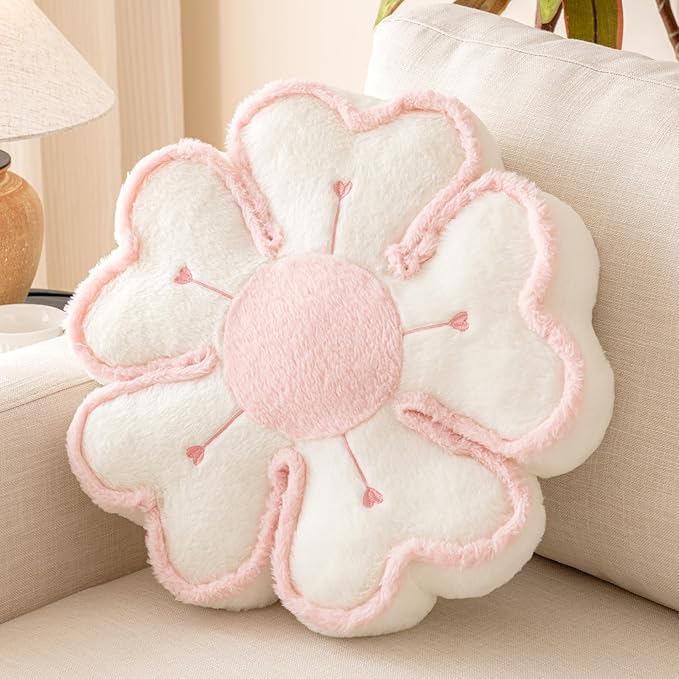 Flower Shaped Decorative Throw Pillow Cushion for Bed Couch, Cute Flower Plush Throw Pillows Home Decor Floor Pillow Seating Cushions (Ivory White, 17.7 Inches)