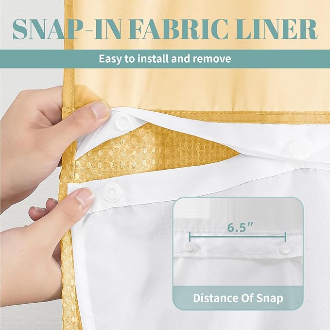 Gold No Hook Waffle Weave Shower Curtain with snap-in Liner Replacement, 230GSM Waterproof Fabric Hotel Shower Curtain Set for Bathroom, Through Mesh Top Window,71Wx86H