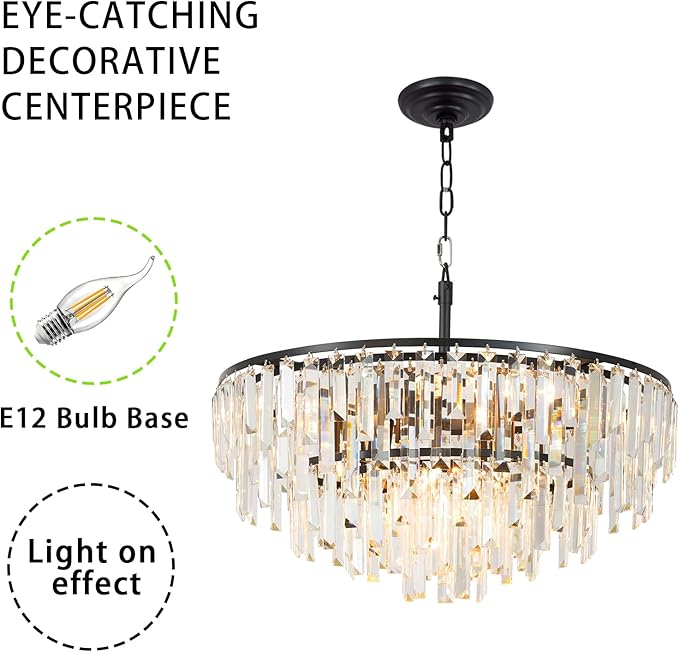 Black Modern Round Top K9 Crystal Chandelier Lighting Fixture, 8 Lights Round K9 Crystal Adjustable Hanging Lamp for Dining Room Bedroom Living Room,Hallway,Bar,Kitchen W24'