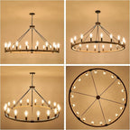Farmhouse Wagon Wheel Chandelier 47" Wooden Rustic Light Fixtures 18-Light Wood Round Chandelier for Foyer Living Room Entryway Dining Room