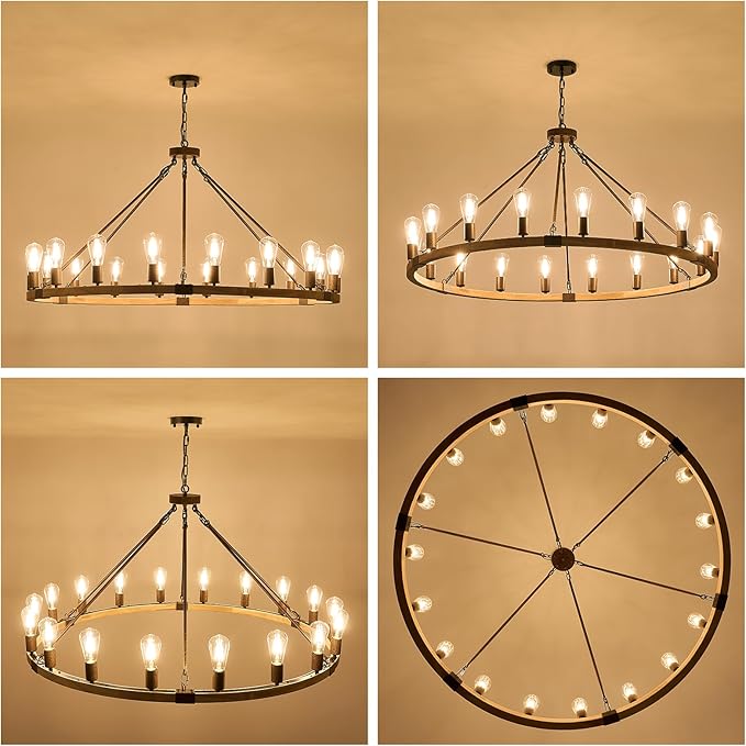 Farmhouse Wagon Wheel Chandelier 47" Wooden Rustic Light Fixtures 18-Light Wood Round Chandelier for Foyer Living Room Entryway Dining Room