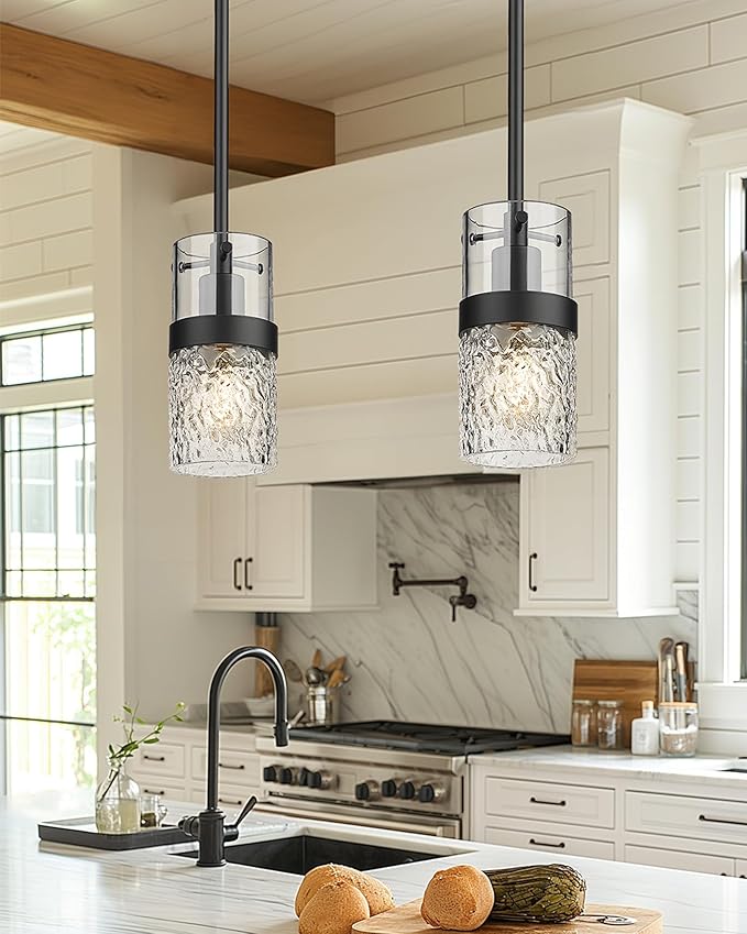 LMS Glass Pendant Lights Kitchen Island, 1-Light Modern Black Pendant Light with Hammered Glass and Rods, Mini Hanging Lighting for Kitchen Island Sink Bathroom Bedroom, LMS-172