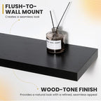 16 Inch Floating Shelves, 9.3" Deep Floating Shelf Wall Mounted, 16" Wall Shelves, Rustic Deep Bookshelf, Large Display Shelves & Storage Shelves for Bedroom, Living Room, Black, Set of 2