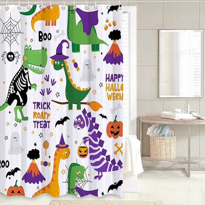 Kids Halloween Dinosaur Bathroom Decor Set with Cute Shower Curtain and Rugs, 4-Piece Cartoon Bath Set with Toilet Lid Cover, Waterproof Curtain with Hooks and Non-Slip Mats