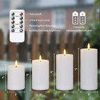 Outdoor 4pcs Flameless Waterproof Candles with Handy Remote Control, Cycle Timer Battery Operated Candle Grease Effect LED Flickering Pillar Plastic Long Lasting (White, 3" x4" 5" 6" 7")