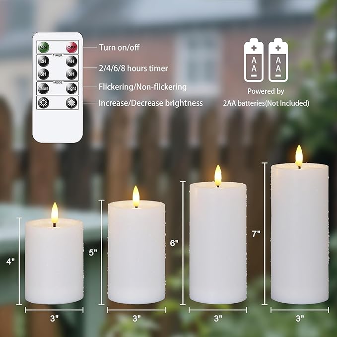Outdoor 4pcs Flameless Waterproof Candles with Handy Remote Control, Cycle Timer Battery Operated Candle Grease Effect LED Flickering Pillar Plastic Long Lasting (White, 3" x4" 5" 6" 7")