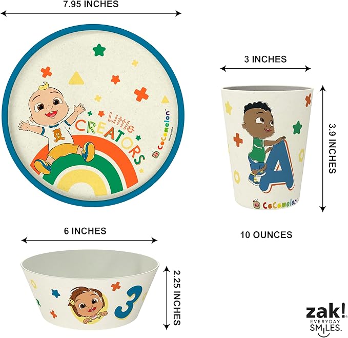 Zak Designs CoComelon Kids Dinnerware Set 3 Pieces, Durable and Sustainable Melamine Bamboo Plate, Bowl, and Tumbler are Perfect For Dinner Time With Family (JJ, Cody, Nina)