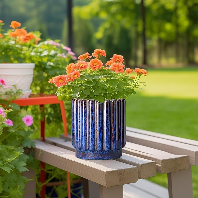 Ceramic Pots for Plants - 7.6 Inch Plant Pots Indoor with Drainage Hole, Fluted Round Ceramic Planter Outdoor, Modern Flower Planter, Home Office Living Room Decor, Garden Gifts, Blue