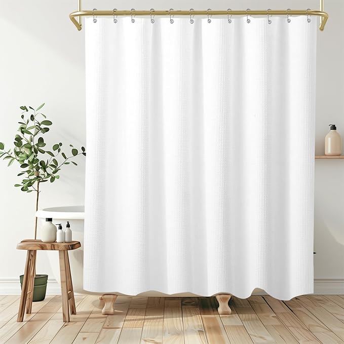 Boho Shower Curtain Set, Waterproof Fabric Shower Curtains, Luxury Hotel Style, Waffle Texture, Heavy Duty, Extra Long Bath Curtain, No Hook, Bathroom Decor, 72x84 Inch, White
