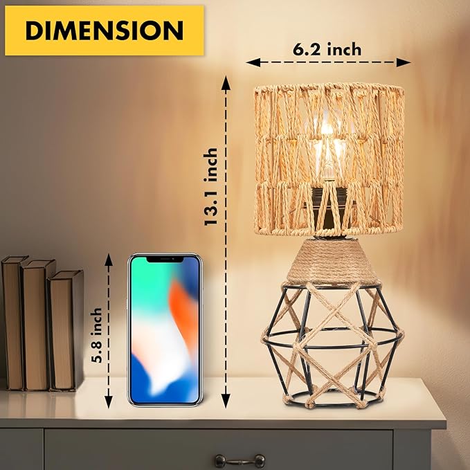 Hamilyeah Boho Table Lamps Set of 2, Industrial Bedside Lamps with Woven Shade, Farmhouse Lamps for Night Stands with On/Off Switch, Modern Simple Desk Lamps for Bedroom, Living Room, Office