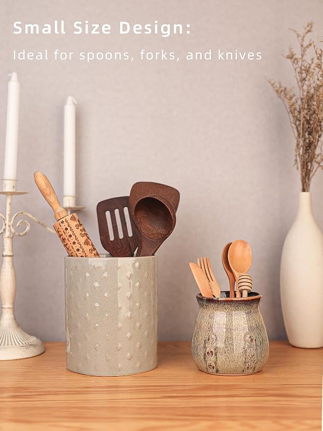 HAOTOP Ceramic Utensil Holder, Small Utensil Crock Ideal for Spoons, Forks and Knives, Easy to Clean 30 oz (Gradient Gray)