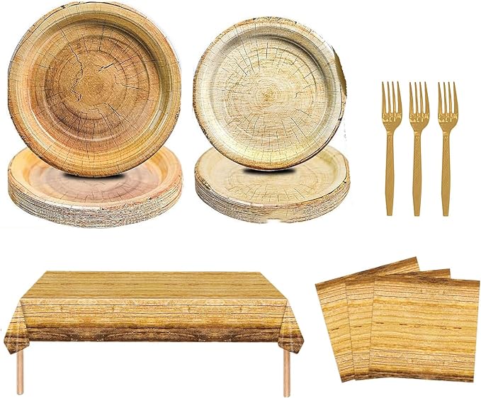 Rustic Wood Grain Party Supplies for 16 – Disposable Plates, Napkins, Tablecloth & Cutlery – Ideal for Camping, Hunting, Outdoor or Forest-Themed Events