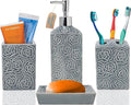 Comfify Designer 4 Piece Bathroom Accessory Set – Ceramic Bath Set w/Liquid Soap or Lotion Dispenser, Toothbrush Holder, Tumbler and Soap Dish – Decorative Set w/Embossed Details – Dark Grey