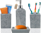 Comfify Designer 4 Piece Bathroom Accessory Set – Ceramic Bath Set w/Liquid Soap or Lotion Dispenser, Toothbrush Holder, Tumbler and Soap Dish – Decorative Set w/Embossed Details – Dark Grey