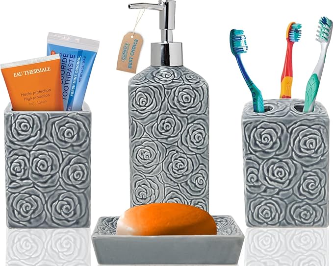 Comfify Designer 4 Piece Bathroom Accessory Set – Ceramic Bath Set w/Liquid Soap or Lotion Dispenser, Toothbrush Holder, Tumbler and Soap Dish – Decorative Set w/Embossed Details – Dark Grey