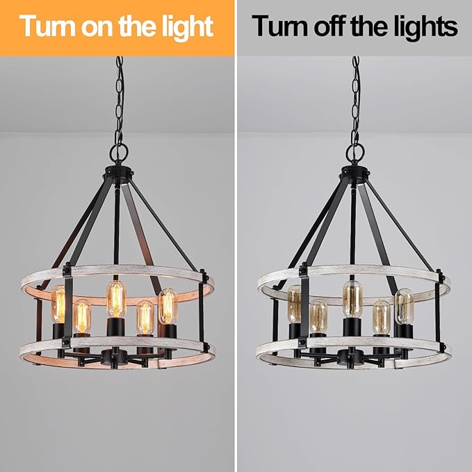 5-Light Farmhouse Chandelier, 17.7 Inch Rustic Black and Vintage Wood Finish Chandeliers for Dining Room Light Fixture, Adjustable Height Hanging Light for Kitchen Island, Entryway, Living Room