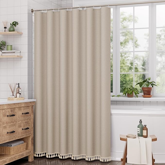 AmazerBath Farmhouse Shower Curtains for Bathroom, Tan Shower Curtain with Tassels, Taupe Rustic Faux Linen Shower Curtain Set with 12 Hooks, 72x72 Inches