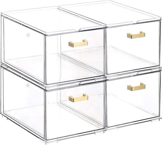 4 Pack Plastic Storage Bins, Acrylic Bathroom Makeup Organizer with Handle, Clear Small Stackable Storage Drawers for Vanity, Home, Kitchen Cabinet, Pantry, UnderSink Organization(6.7"D x 10.6" x 8"H)