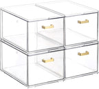 4 Pack Plastic Storage Bins, Acrylic Bathroom Makeup Organizer with Handle, Clear Small Stackable Storage Drawers for Vanity, Home, Kitchen Cabinet, Pantry, UnderSink Organization(6.7"D x 10.6" x 8"H)