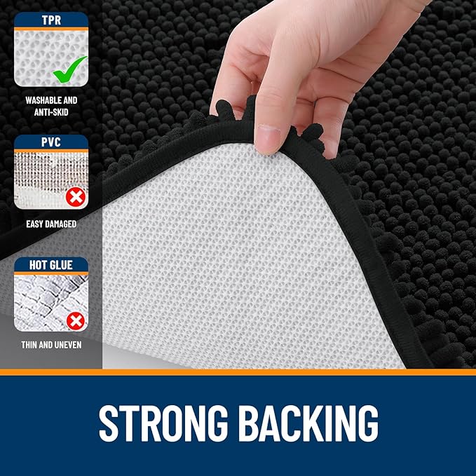 OLANLY Bathroom Rugs 47x24, Extra Soft Absorbent Chenille Bath Rugs, Rubber Backing Quick Dry, Machine Washable Bath Mats for Bathroom Floor, Tub and Shower, Home Decor Accessories, Black