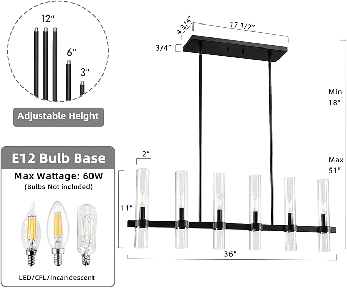 Untrammelife Modern 6-Light Linear Chandelier in Coal Black Finish 36" Farmhouse Rectangle Dining Room Light with Clear Glass Shade Linear Island Pendant Light for Kitchen Island Bedroom