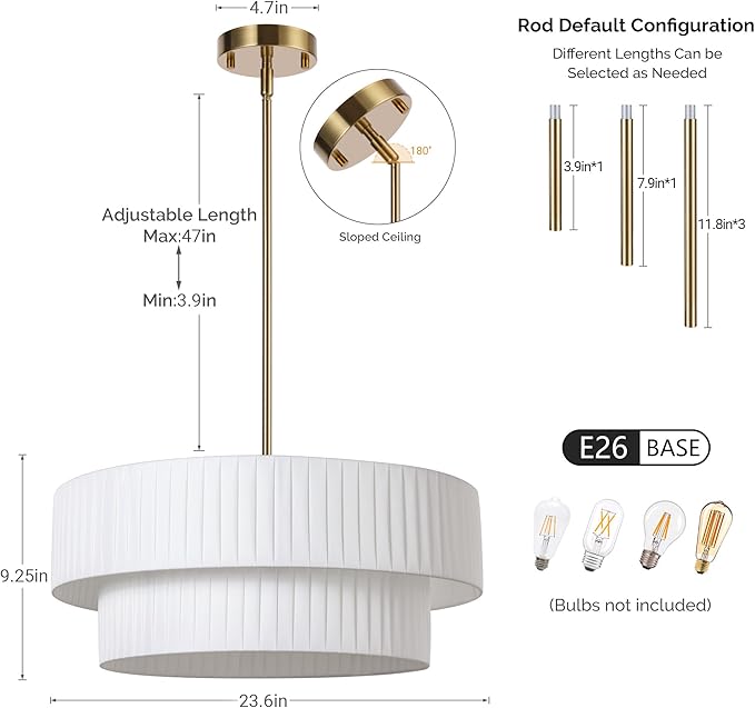 LamQee Large Modern Fabric Chandelier, 2-Layer 23.6inch Drum Light Fixture Gold Haning Ceiling Pendant Light with Adjustable Height for Dining Room Living Room Bedroom Kitchen Island