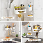 LEVERLOC Shower Caddy Suction Cup Set Shower Organizer & Soap Holder & Toothbrush Holder, Bathroom Shelf Basket NO-Drilling, Removable Suction Storage Waterproof Bathroom Caddy, White