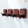 DELITON Acacia Wooden Towel Hooks Red Brown, 4 Pack Sticky Hooks for Hanging Towels, Coat, Hat, Robe, Heavy Duty, No Damage