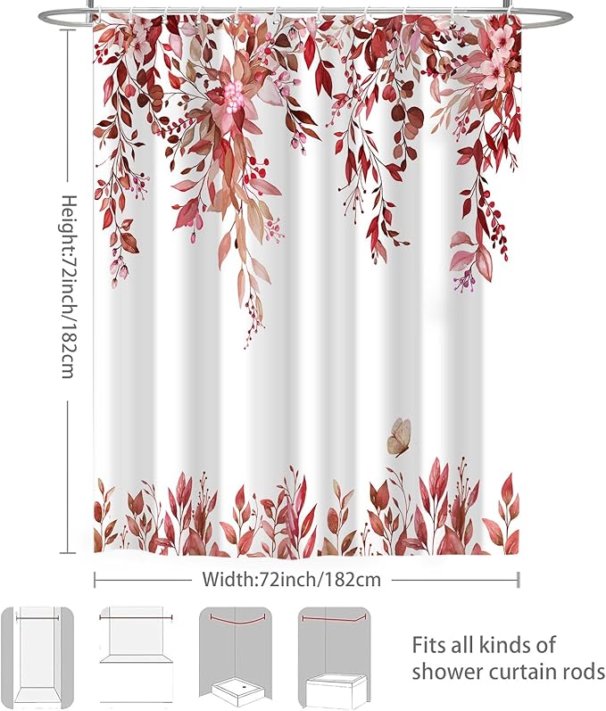 Eucalyptus Shower Curtain, Red Watercolor Leaves with Floral Botanical Bathroom Decor, Waterproof Fabric Bath Curtain Set with Hooks, 72x72 Inches
