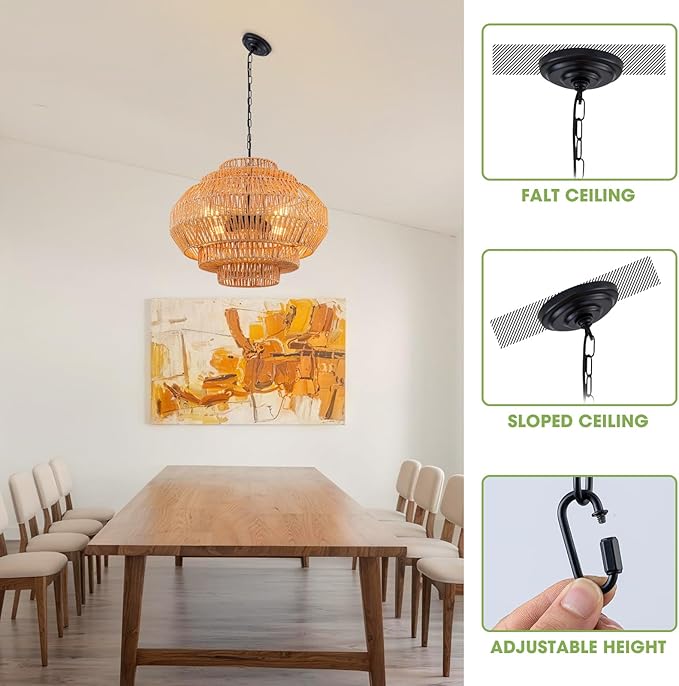 23.6-in Rattan Chandelier Boho Pendant Light Fixture Dinning Room Chandelier Boho Hanging Light Large Basket Light Woven Rattan Pendant Light for Kitchen Island Bedroom Farmhouse Living Room