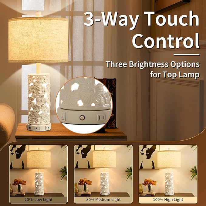 26.5" Farmhouse Table Lamp Set of 2, 3-Way Dimmable Touch Control Bedside Lamps Vintage Rustic Side Table Nightstand Lamps for Bedroom Living Room Study Room (Ceramic-1 Pack)